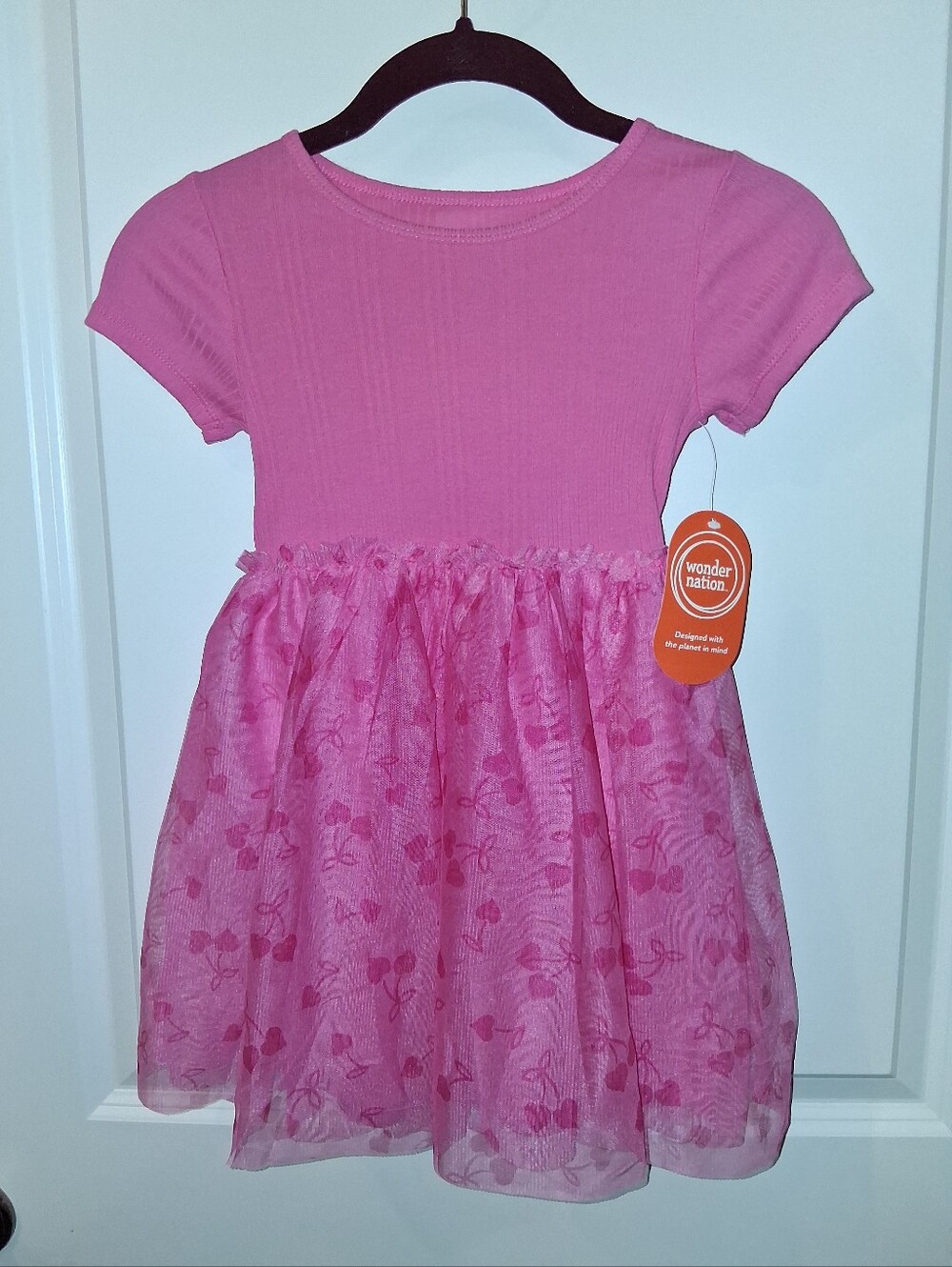 🌈 NEW Wonder Nation Bright Pink Short Sleeve Tulle Skater Dress Girl's 4 - 5